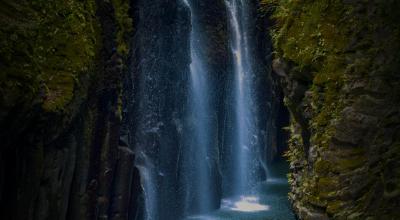 Takachiho Gorge Miyazaki Japan — basalt columns jade green river rowboat Manai Falls mythology