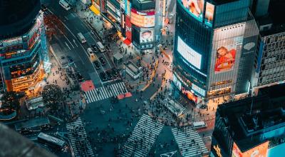 Tokyo Shibuya Crossing neon night Japan — Senso-ji Asakusa Thunder Gate Shinjuku skyline